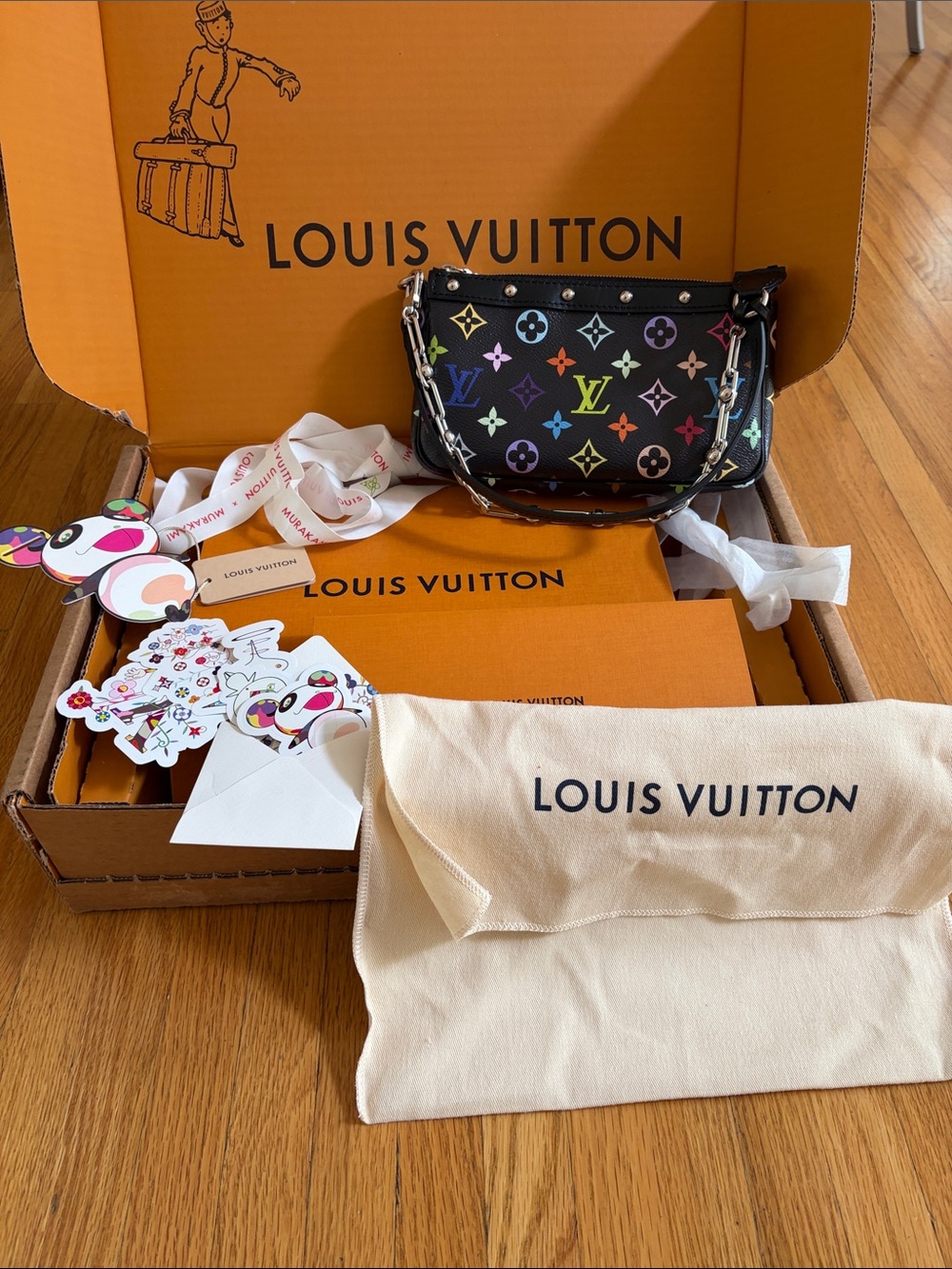 Louis Vuitton Murakami  Black Multicolor Monogram Pochette Assessories Like New